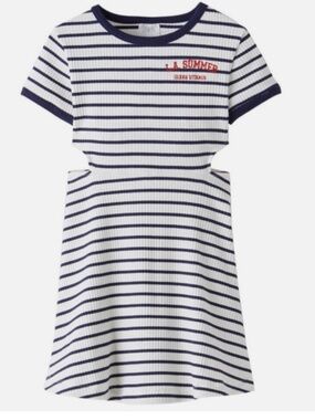 Zara Girls Striped Navy & White Dress Short Sleeve Open Waist Ribbed Knit Sz. 9
